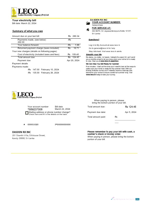 Sri Lanka LECO Company electricity business utility bill template in Word and PDF formats